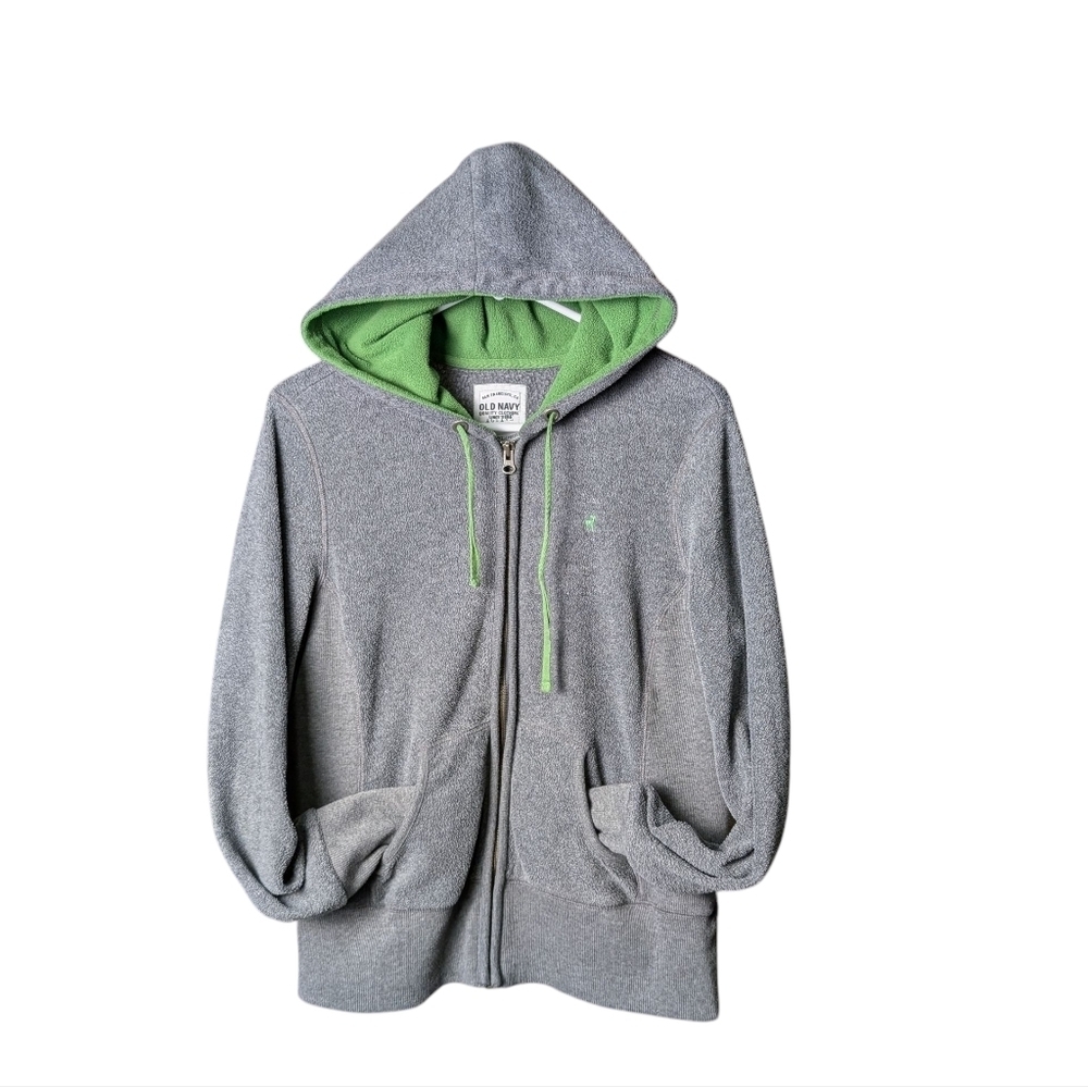 Old Navy Gray Hoodie Green Lining Women's L Drawstring Hood Full Zipper Front - Picture 5 of 10